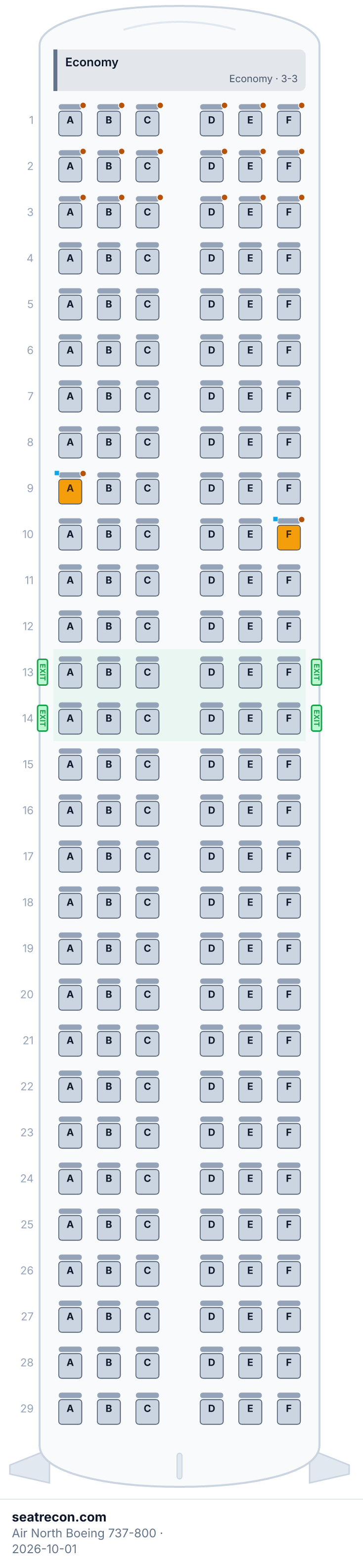 Air North Boeing 737-800 seat map diagram — Economy (174 seats)