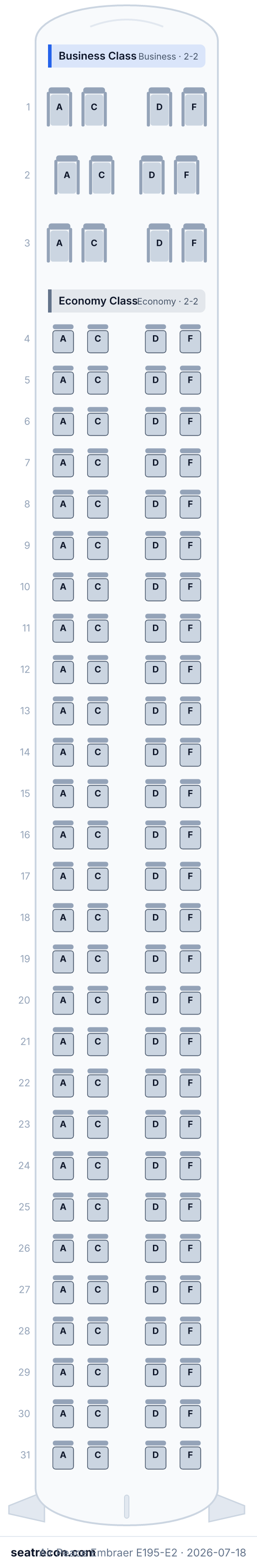 Air Peace Embraer E195-E2 seat map diagram — Business Class, Economy Class (124 seats)