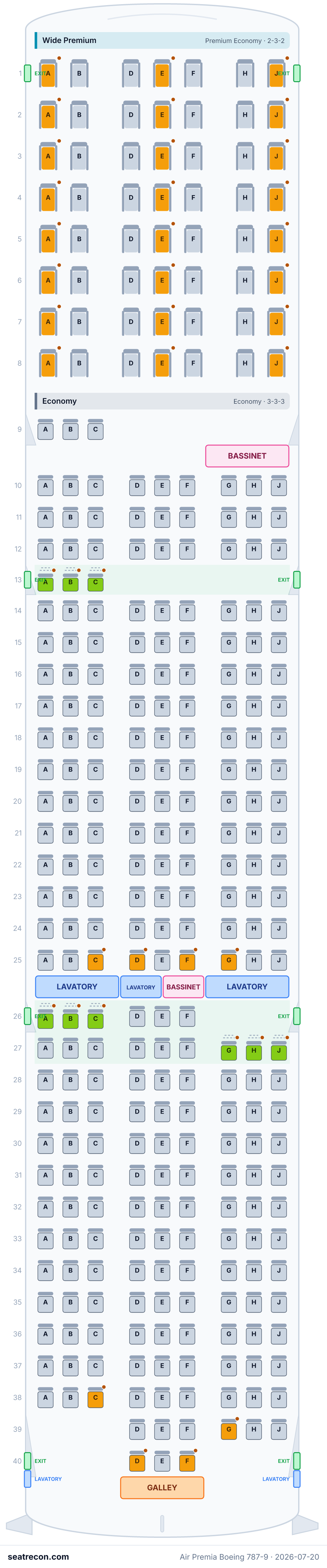 Air Premia Boeing 787-9 seat map (56W/9N/255Y)