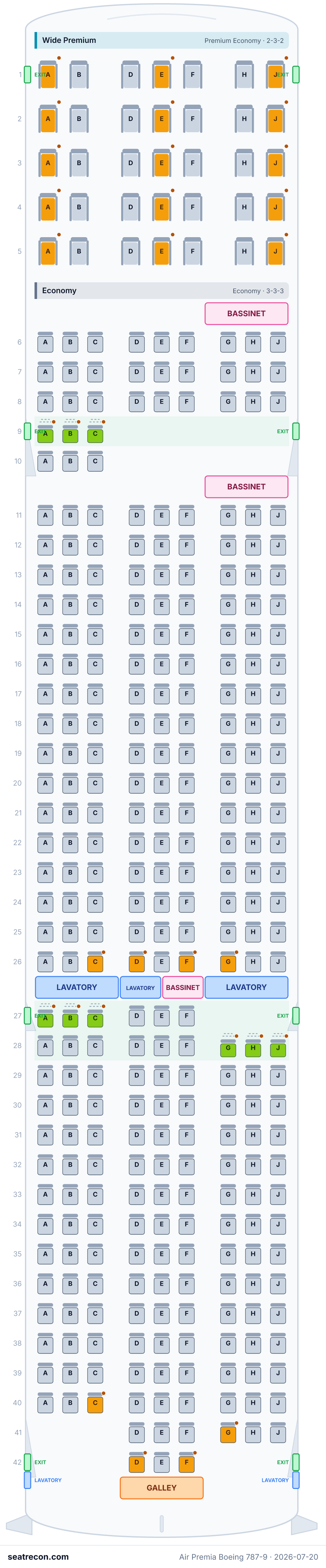 Air Premia Boeing 787-9 seat map (35W/9N/300Y)