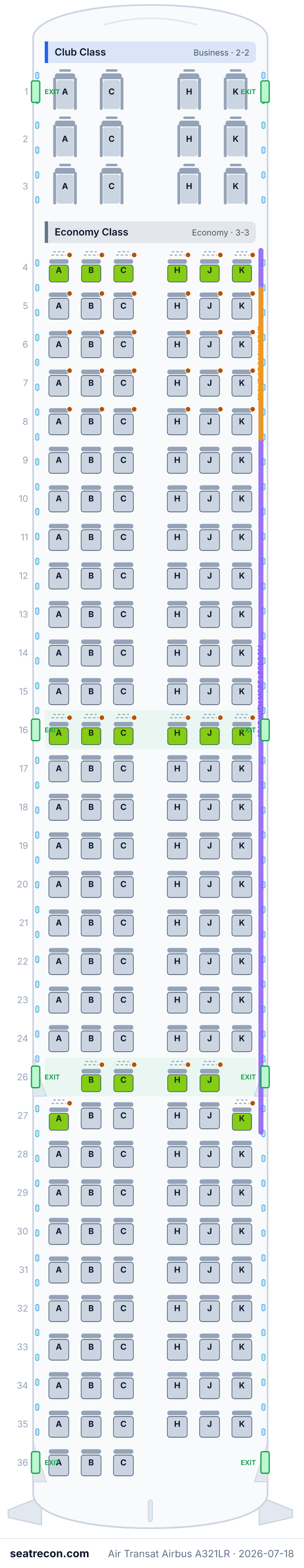 Air Transat Airbus A321LR seat map diagram — Club Class, Economy Class (199 seats)
