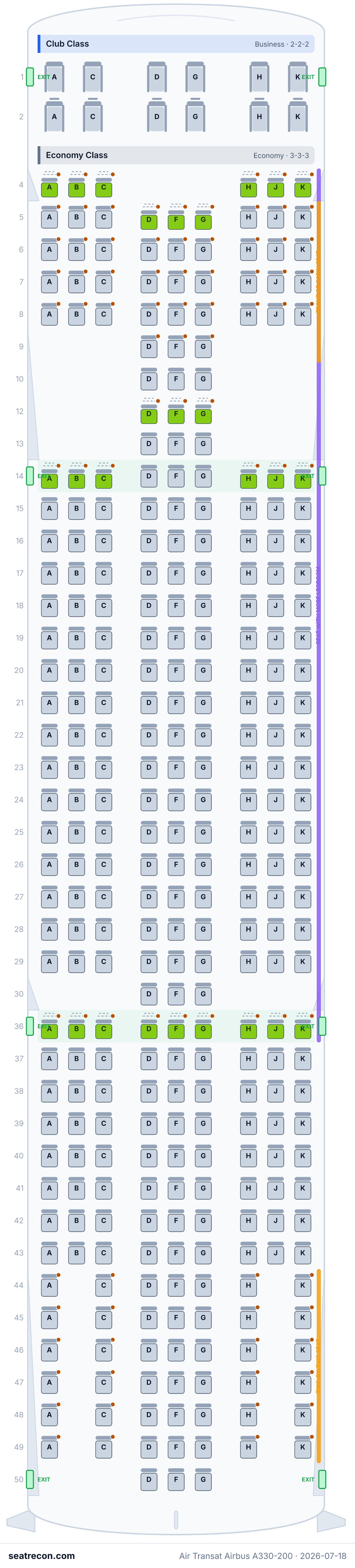 Air Transat Airbus A330-200 seat map diagram — Club Class, Economy Class (330 seats)