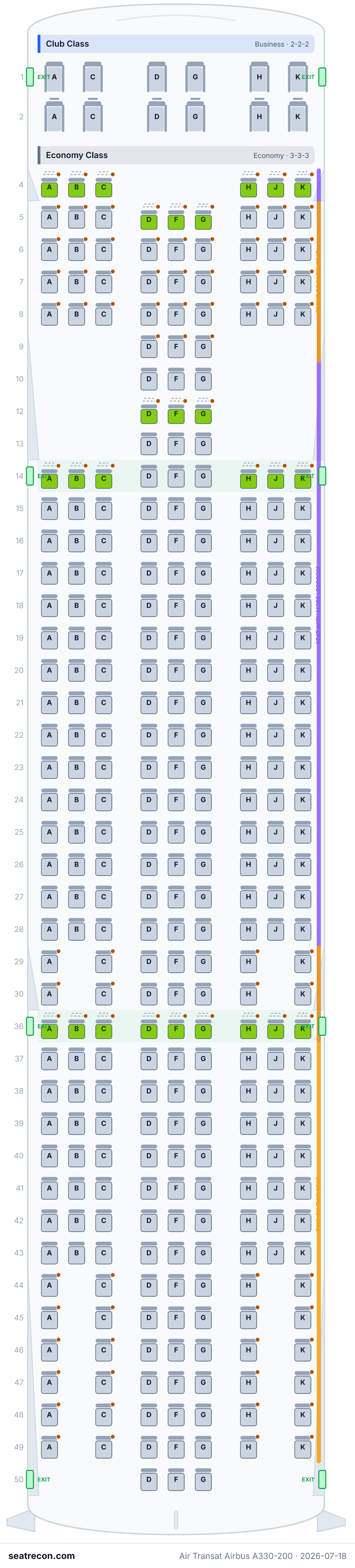 Air Transat Airbus A330-200 seat map diagram — Club Class, Economy Class (332 seats)