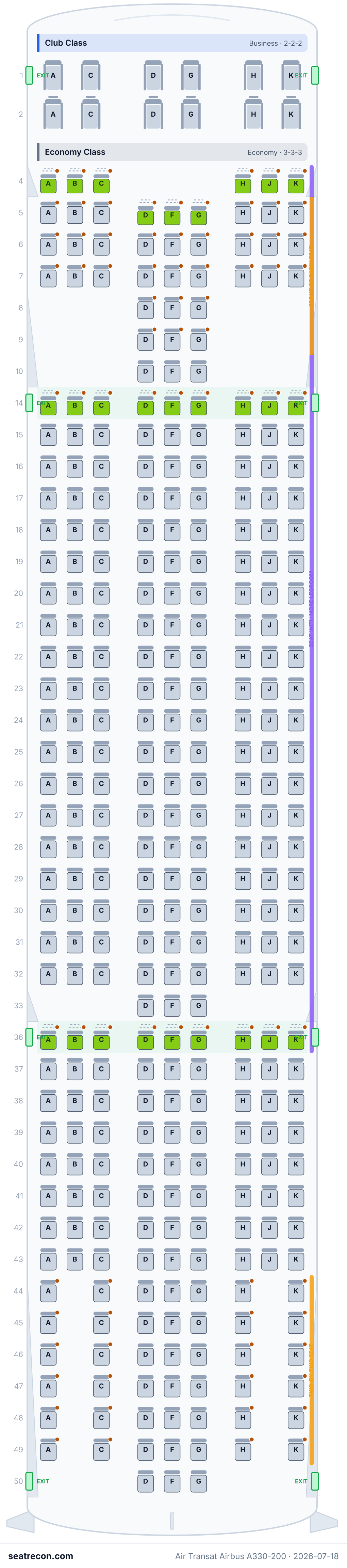 Air Transat Airbus A330-200 seat map diagram — Club Class, Economy Class (345 seats)