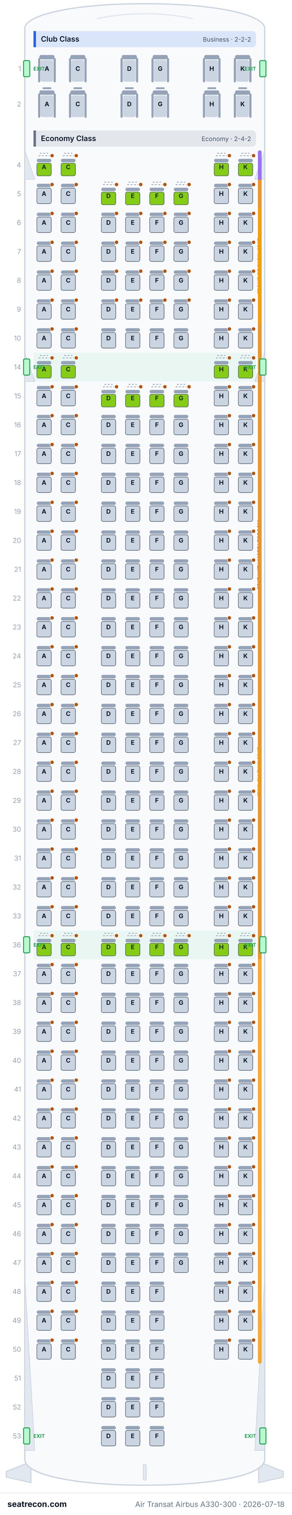 Air Transat Airbus A330-300 seat map diagram — Club Class, Economy Class (346 seats)