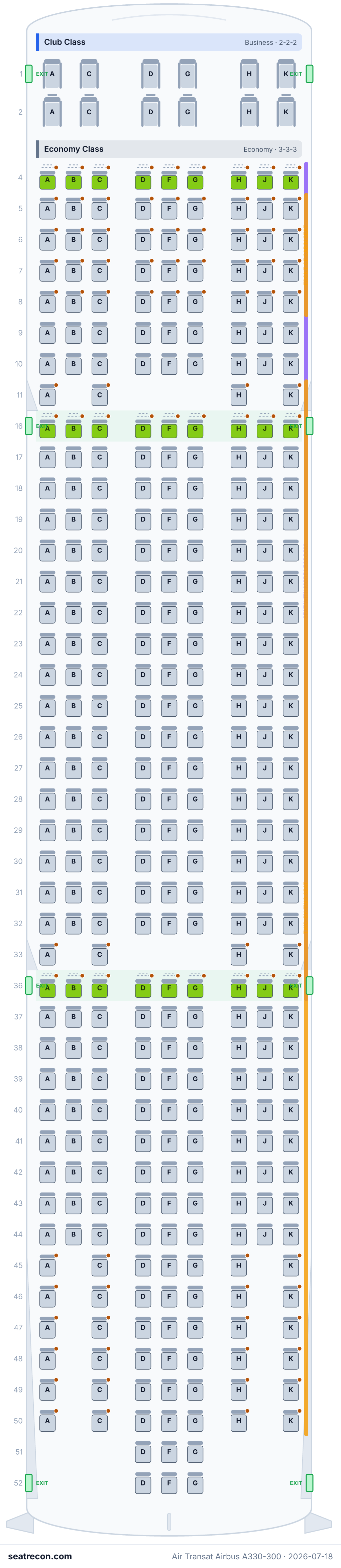 Air Transat Airbus A330-300 seat map diagram — Club Class, Economy Class (365 seats)