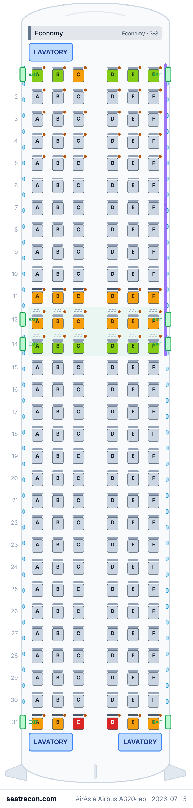 AirAsia Airbus A320ceo seat map diagram — Economy (180 seats)