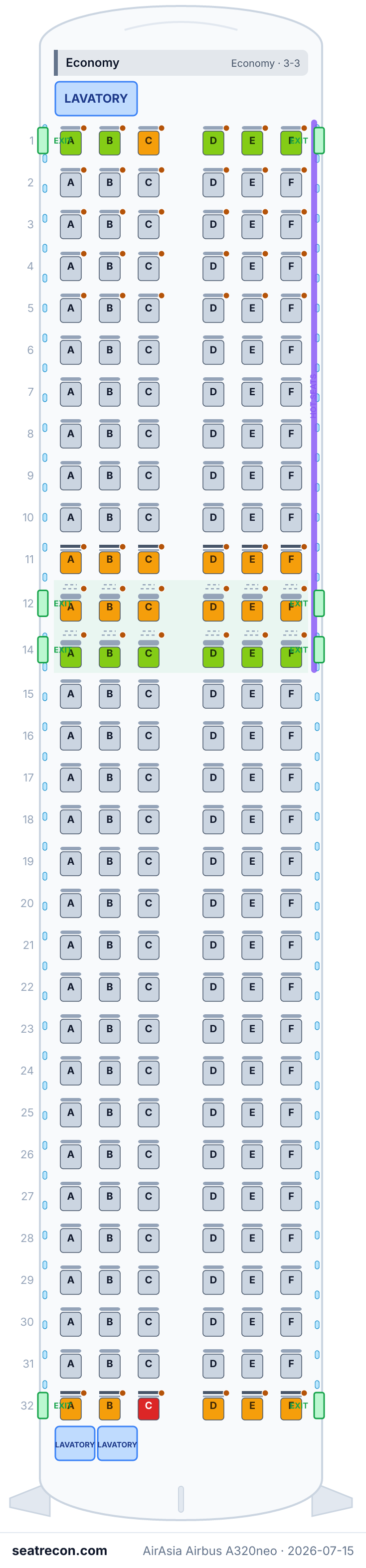 AirAsia Airbus A320neo seat map diagram — Economy (186 seats)