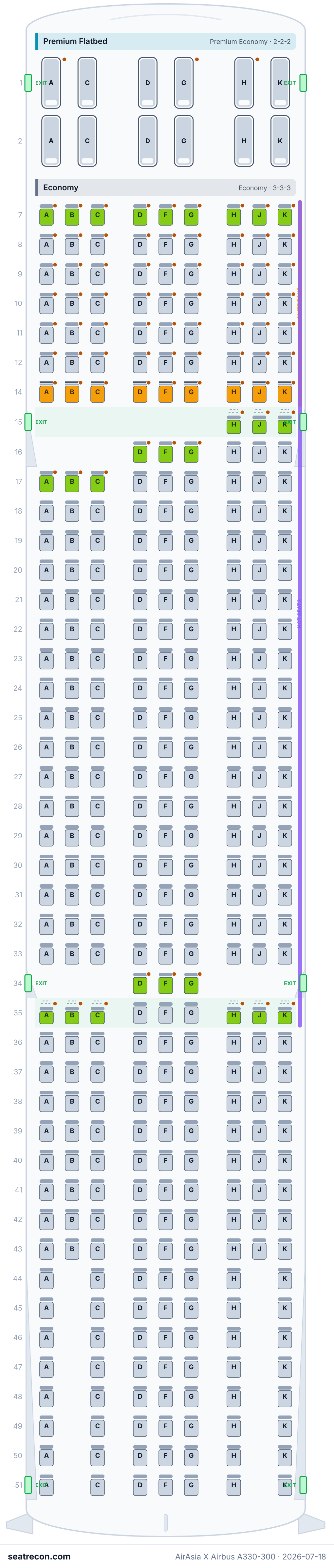 AirAsia X Airbus A330-300 seat map diagram — Premium Flatbed, Economy (377 seats)