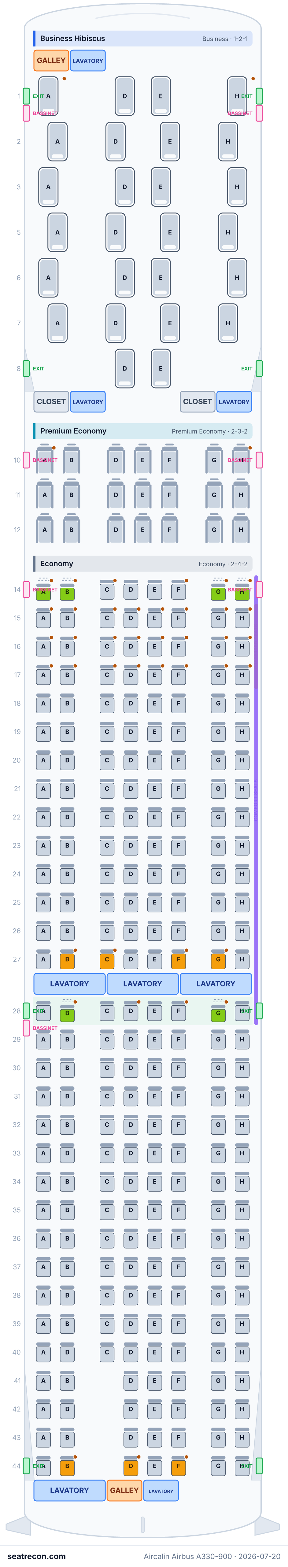 Aircalin Airbus A330-900 seat map (26J/21W/6N/238Y)