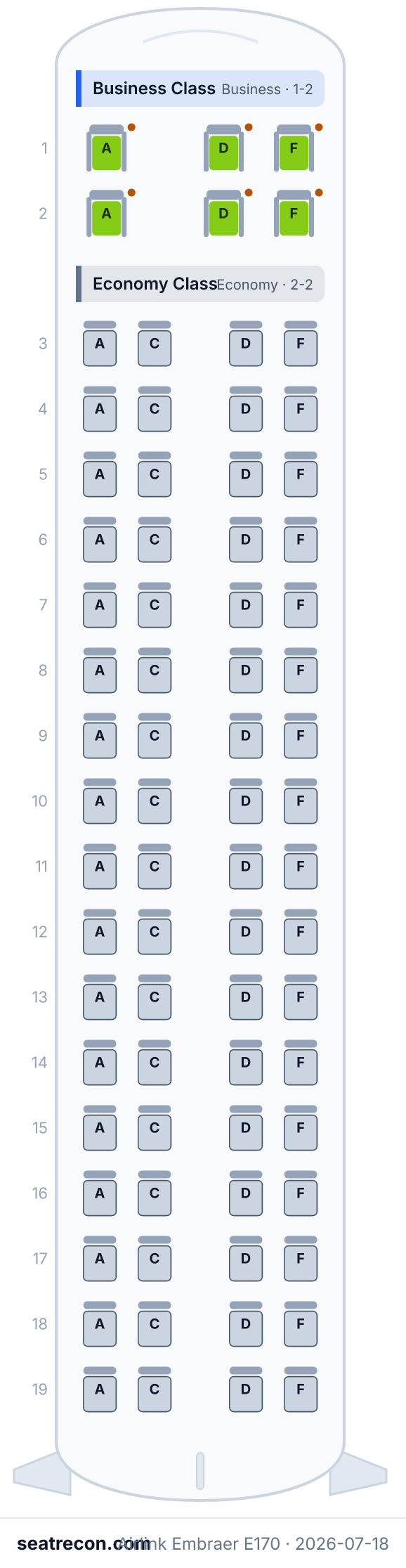 Airlink Embraer E170 seat map diagram — Business Class, Economy Class (74 seats)