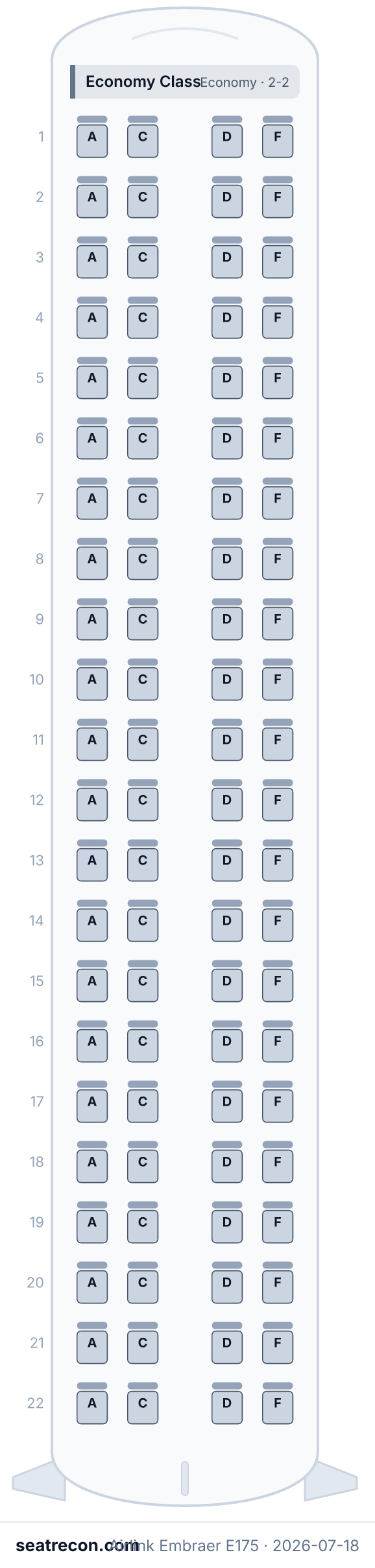 Airlink Embraer E175 seat map diagram — Economy Class (88 seats)