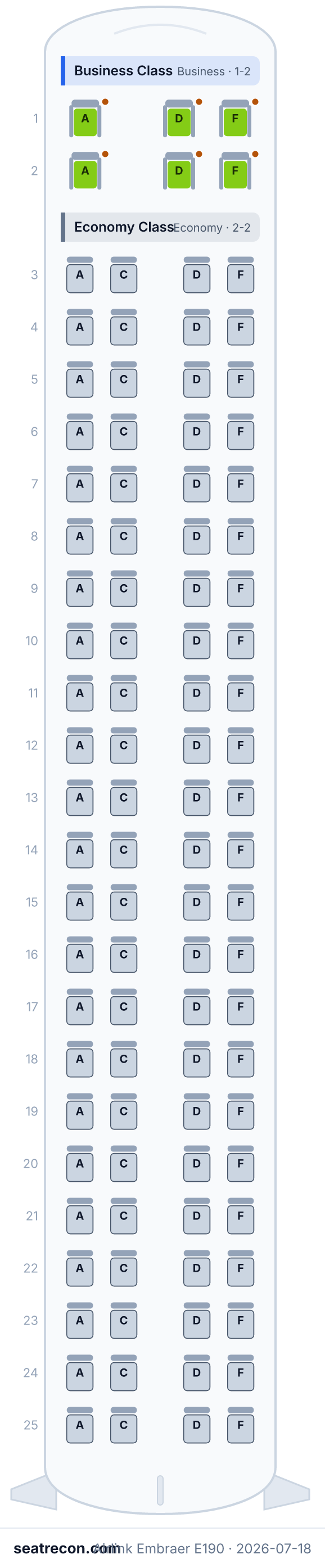 Airlink Embraer E190 seat map diagram — Business Class, Economy Class (98 seats)