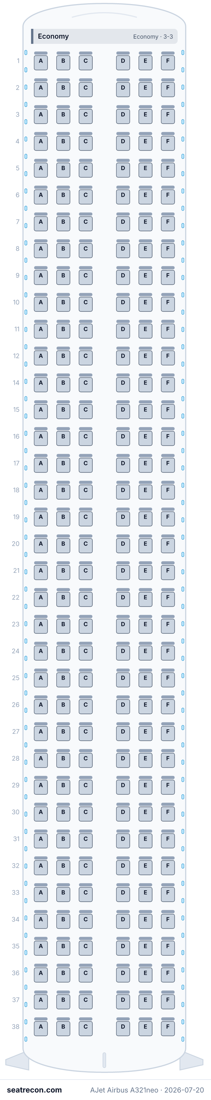 AJet Airbus A321neo seat map (222Y)