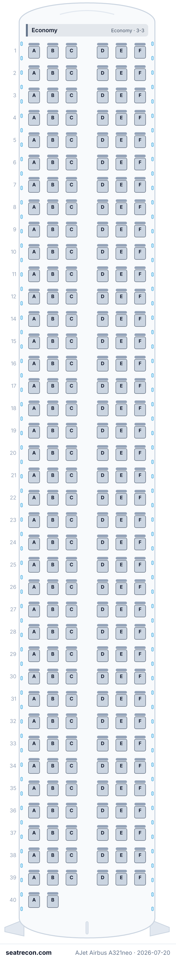 AJet Airbus A321neo seat map (230Y)