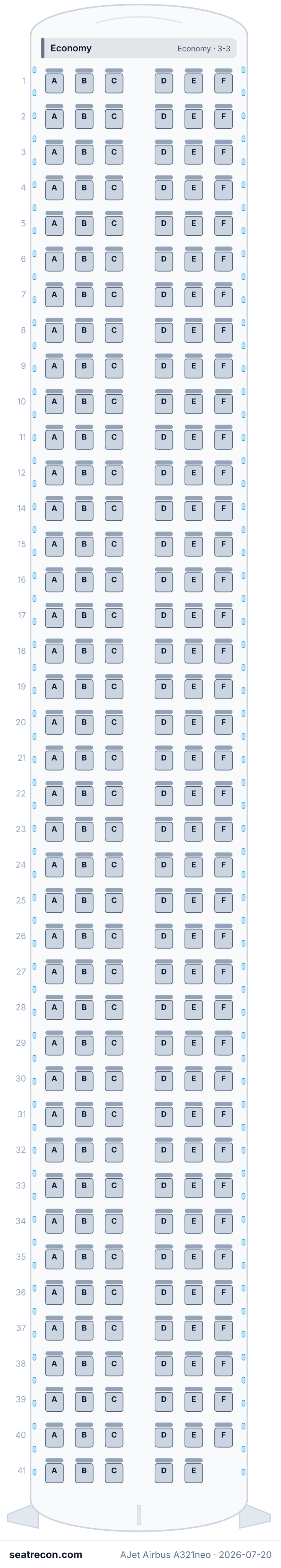 AJet Airbus A321neo seat map (239Y)