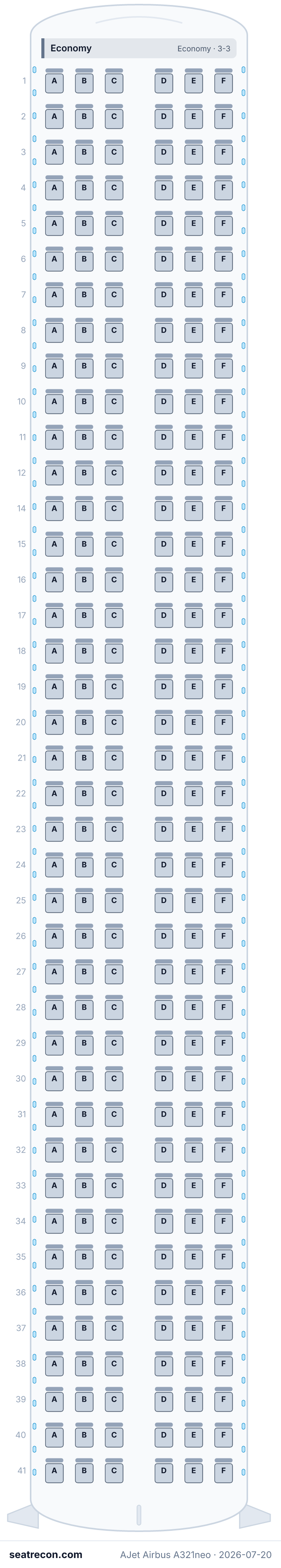 AJet Airbus A321neo seat map (240Y)