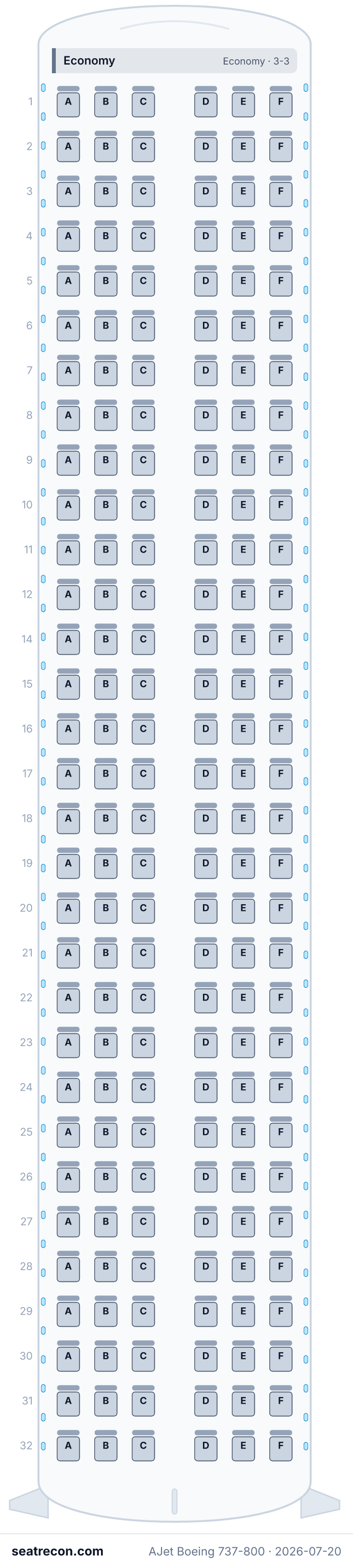AJet Boeing 737-800 seat map (186Y)