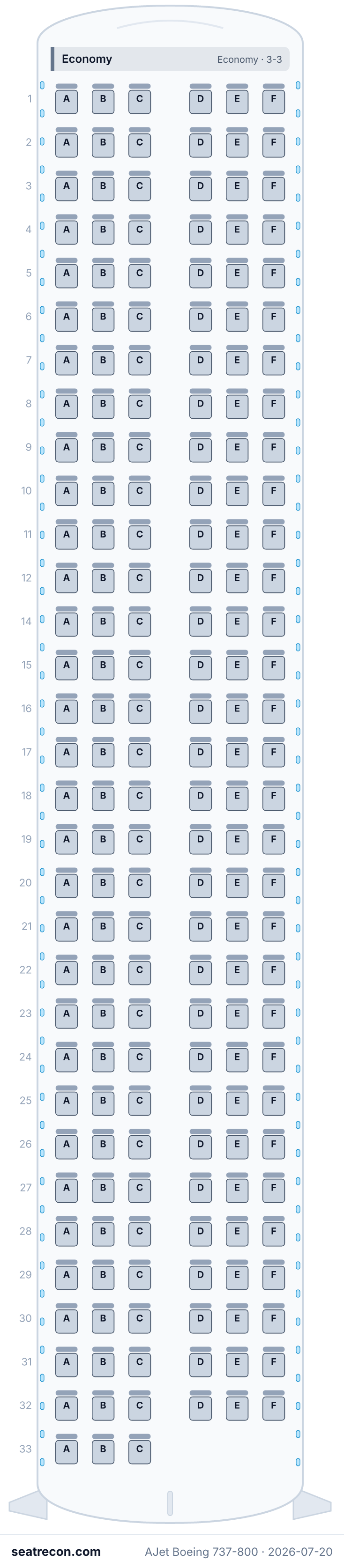 Mapa de asientos del Boeing 737-800 de AJet (189Y)