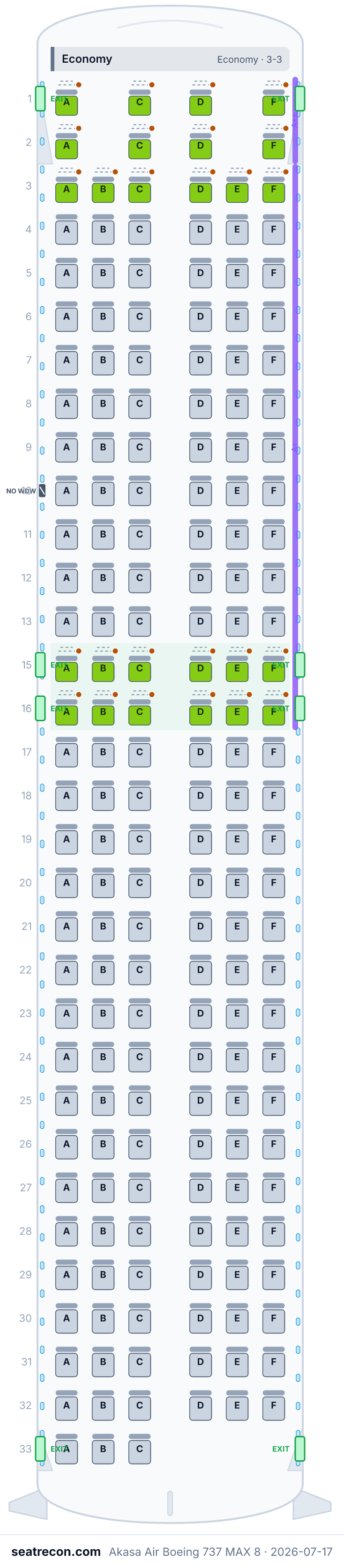 Akasa Air Boeing 737 MAX 8 seat map diagram — Economy (185 seats)
