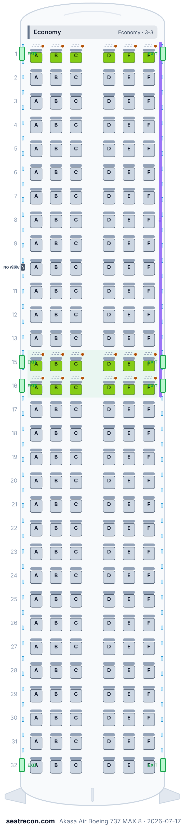 Akasa Air Boeing 737 MAX 8 seat map diagram — Economy (186 seats)