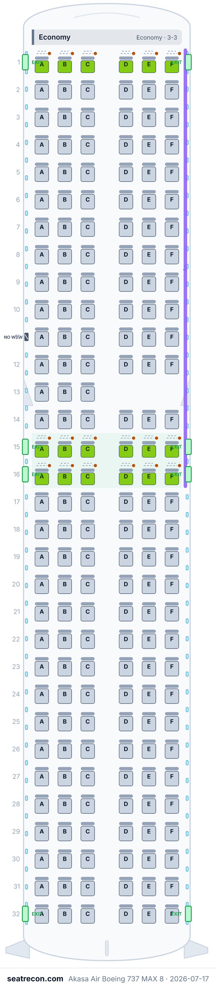 Akasa Air Boeing 737 MAX 8 seat map diagram — Economy (189 seats)
