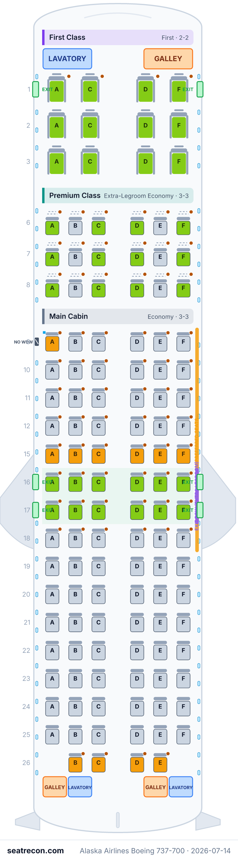 Alaska Airlines Boeing 737-700 seat map diagram — First Class, Premium Class, Main Cabin (124 seats)