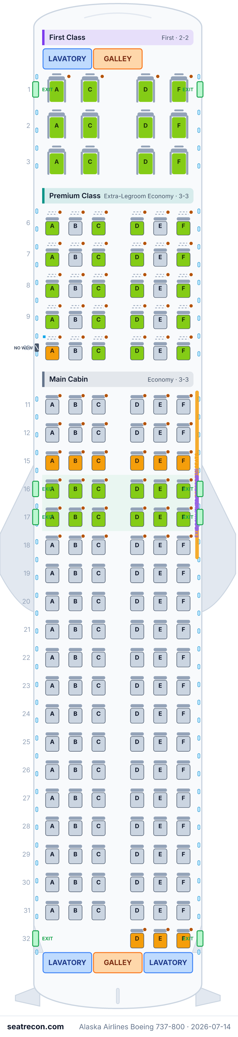 Alaska Airlines Boeing 737-800 seat map diagram — First Class, Premium Class, Main Cabin (159 seats)