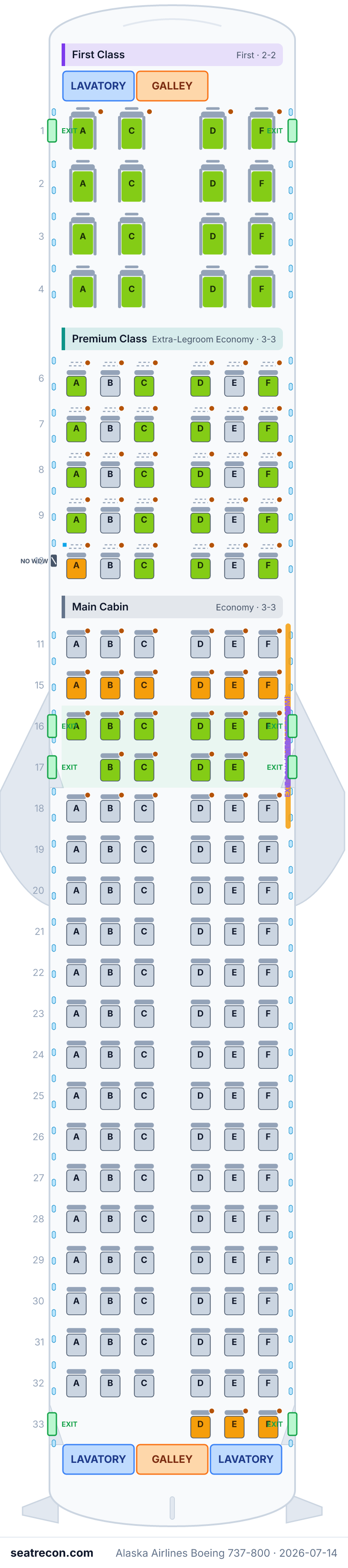 Alaska Airlines Boeing 737-800 seat map diagram — First Class, Premium Class, Main Cabin (161 seats)