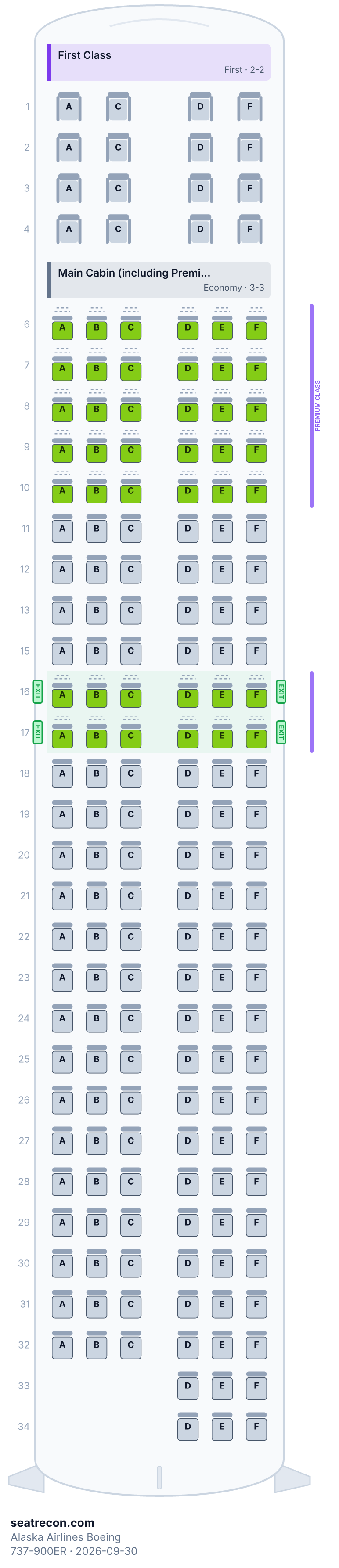 Alaska Airlines Boeing 737-900ER seat map diagram — First Class, Main Cabin (including Premium Class) (178 seats)