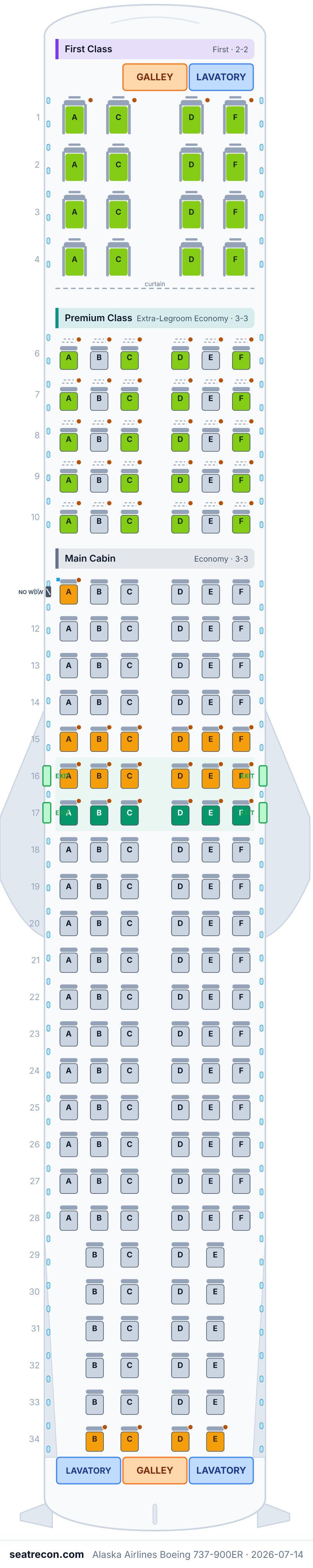 Alaska Airlines Boeing 737-900ER seat map diagram — First Class, Premium Class, Main Cabin (178 seats)