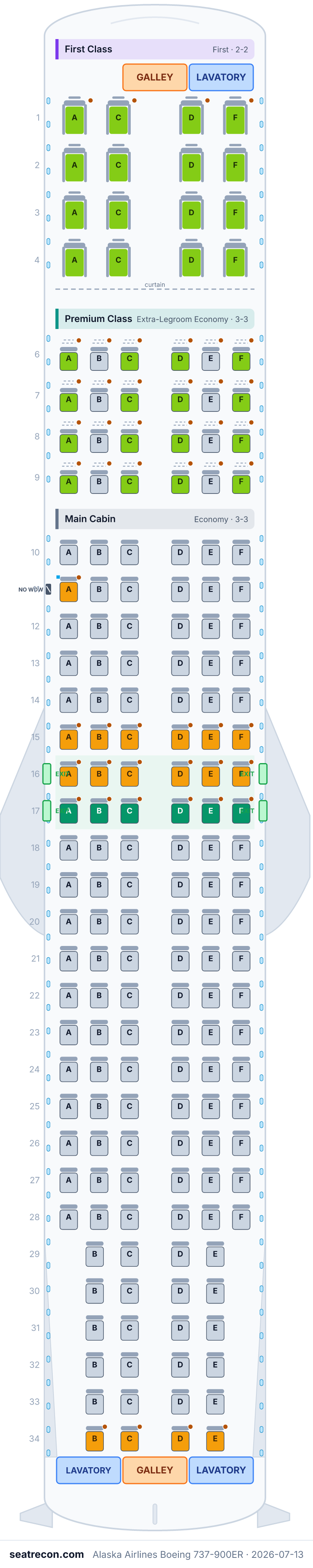 Alaska Airlines Boeing 737-900ER seat map diagram — First Class, Premium Class, Main Cabin (178 seats)