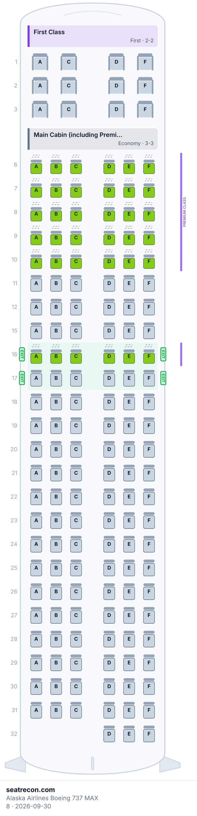 Alaska Airlines Boeing 737 MAX 8 seat map diagram — First Class, Main Cabin (including Premium Class) (159 seats)