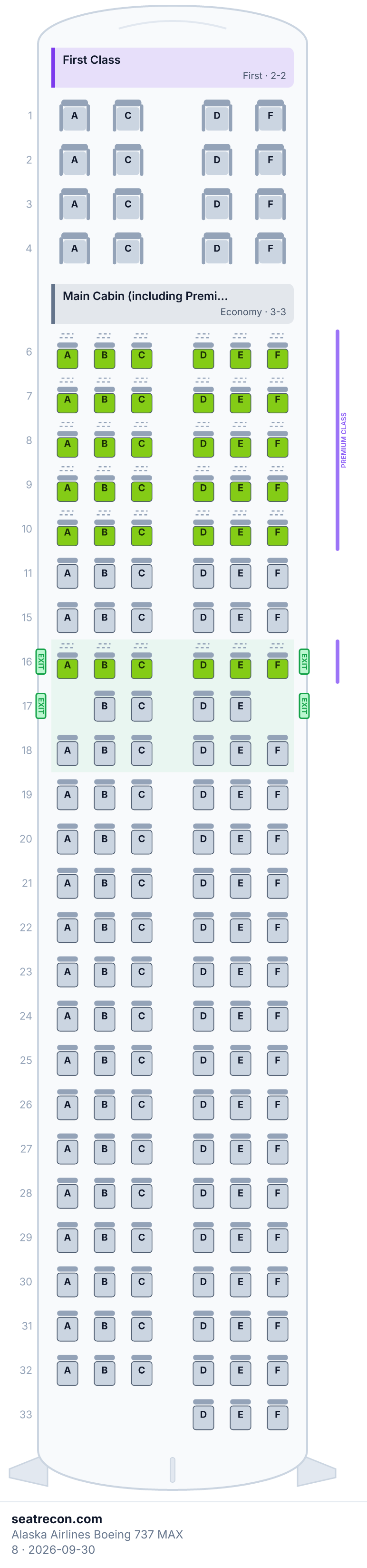 Alaska Airlines Boeing 737 MAX 8 seat map diagram — First Class, Main Cabin (including Premium Class) (161 seats)