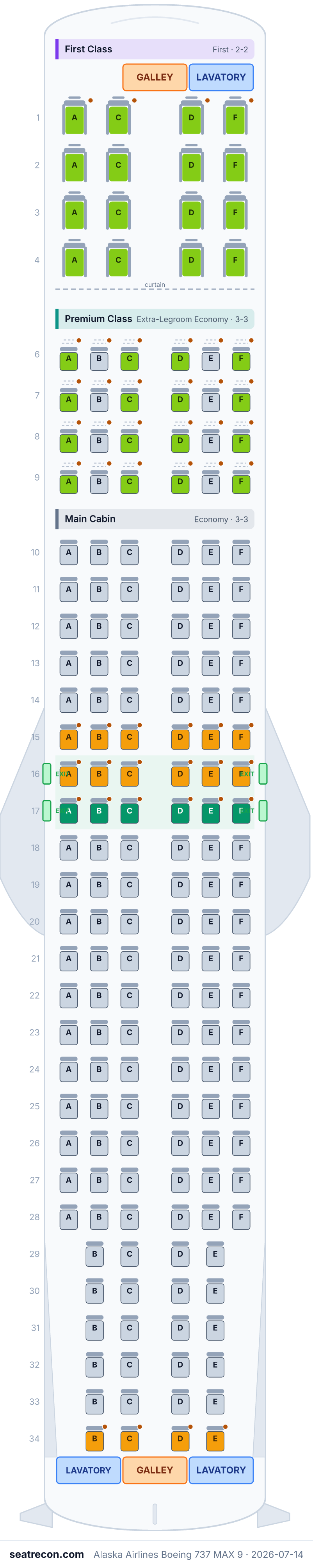 Alaska Airlines Boeing 737 MAX 9 seat map diagram — First Class, Premium Class, Main Cabin (178 seats)