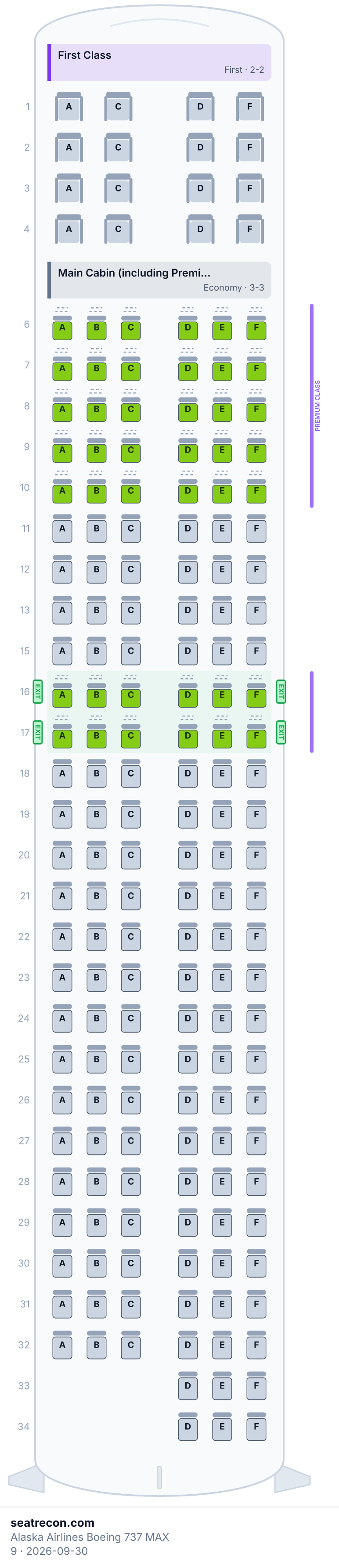 Alaska Airlines Boeing 737 MAX 9 seat map diagram — First Class, Main Cabin (including Premium Class) (178 seats)