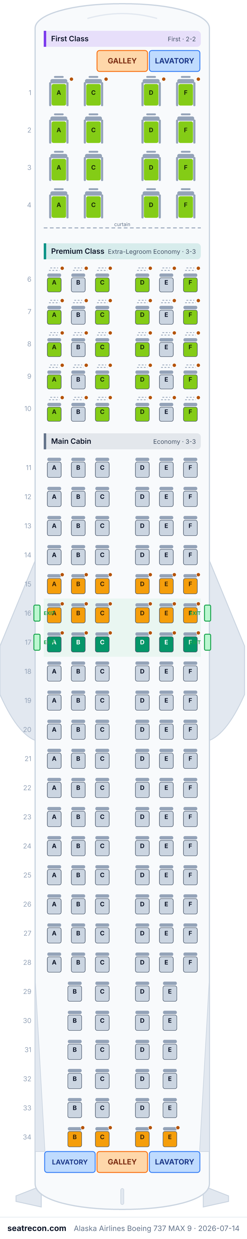 Alaska Airlines Boeing 737 MAX 9 seat map diagram — First Class, Premium Class, Main Cabin (178 seats)