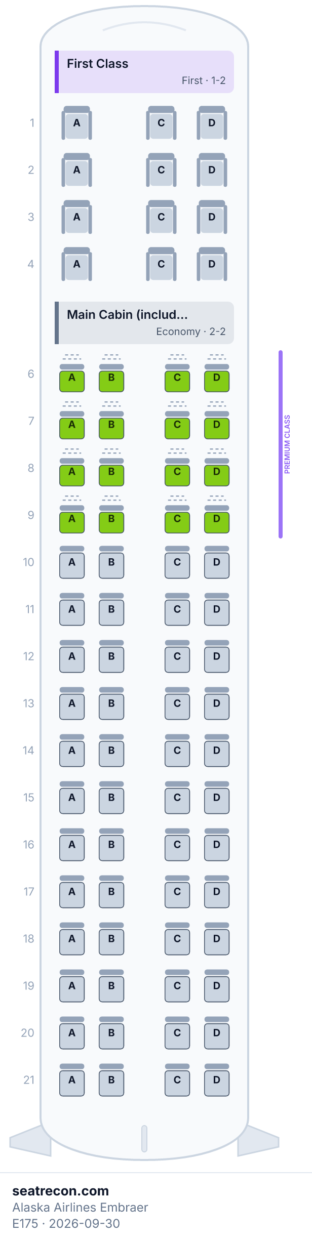 Alaska Airlines Embraer E175 seat map diagram — First Class, Main Cabin (including Premium Class) (76 seats)