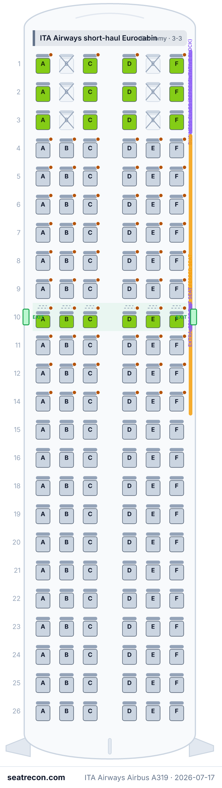 ITA Airways Airbus A319 seat map diagram — ITA Airways short-haul Eurocabin (144 seats)