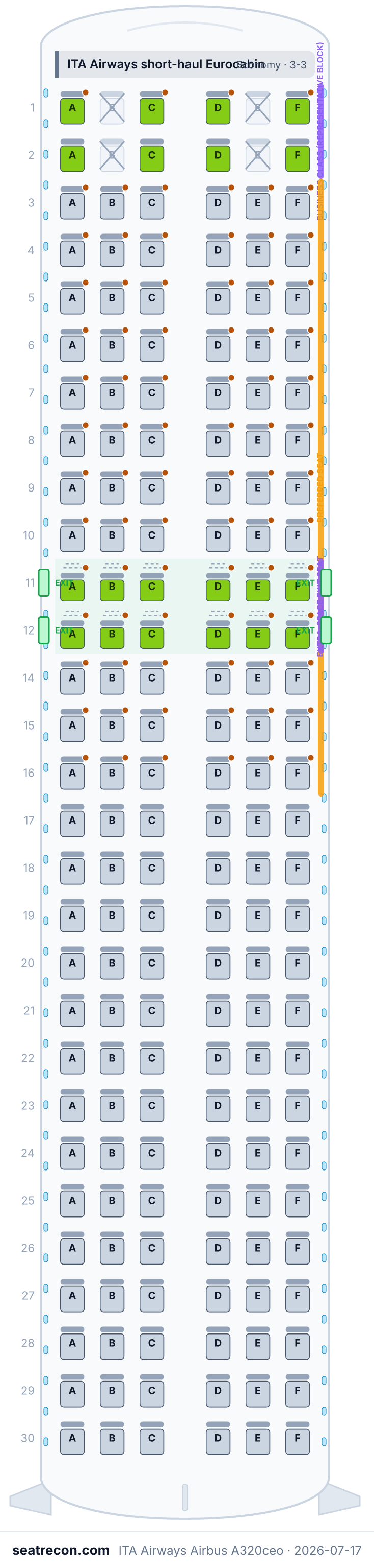 ITA Airways Airbus A320ceo seat map diagram — ITA Airways short-haul Eurocabin (174 seats)