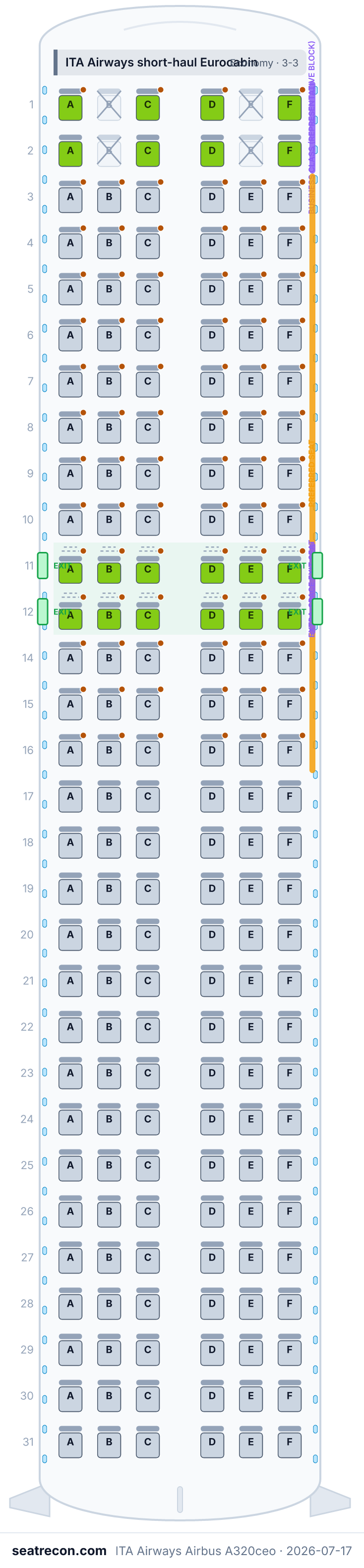 ITA Airways Airbus A320ceo seat map diagram — ITA Airways short-haul Eurocabin (180 seats)