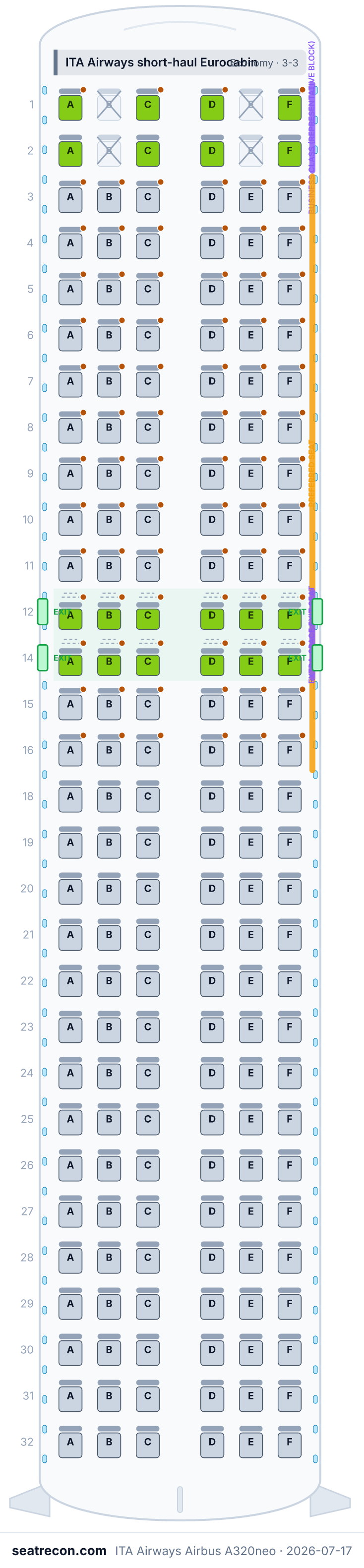 ITA Airways Airbus A320neo seat map diagram — ITA Airways short-haul Eurocabin (180 seats)