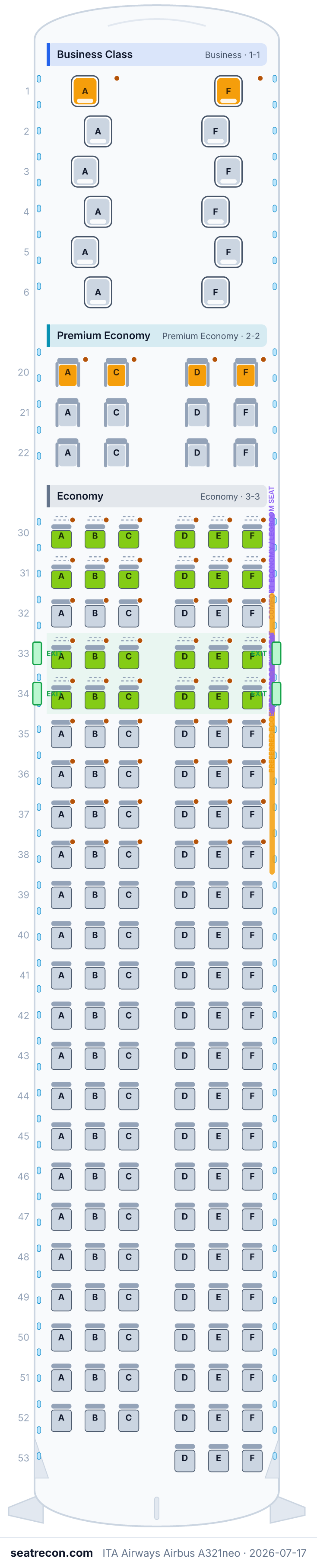 ITA Airways Airbus A321neo seat map diagram — Business Class, Premium Economy, Economy (165 seats)