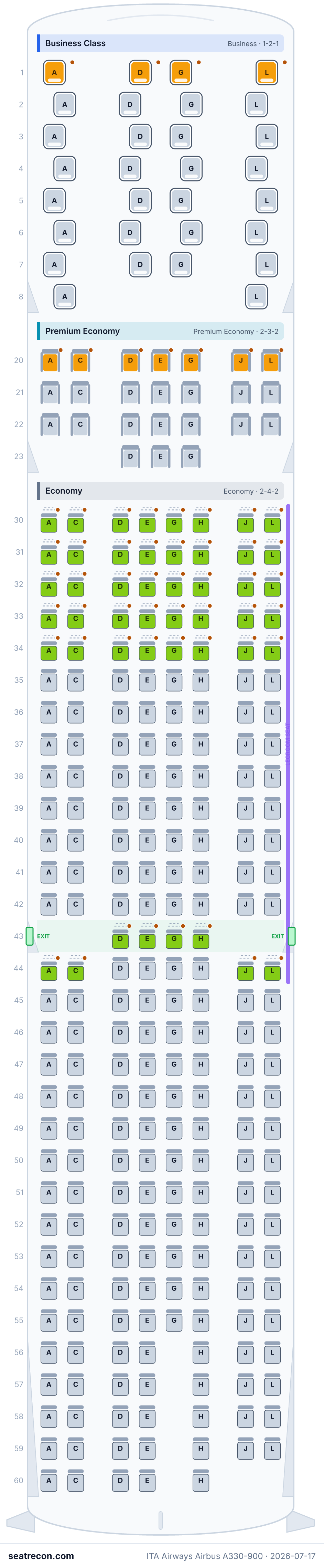 ITA Airways Airbus A330-900 seat map diagram — Business Class, Premium Economy, Economy (291 seats)