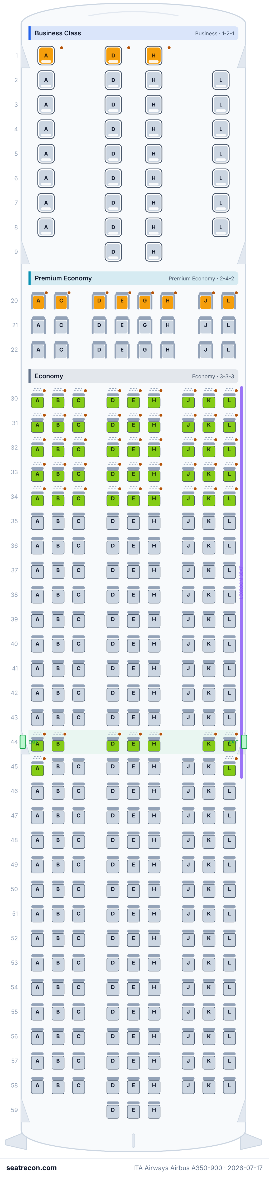 ITA Airways Airbus A350-900 seat map diagram — Business Class, Premium Economy, Economy (319 seats)