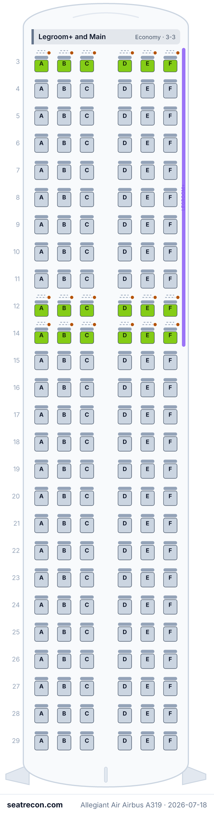 Allegiant Air Airbus A319 seat map diagram — Legroom+ and Main (156 seats)