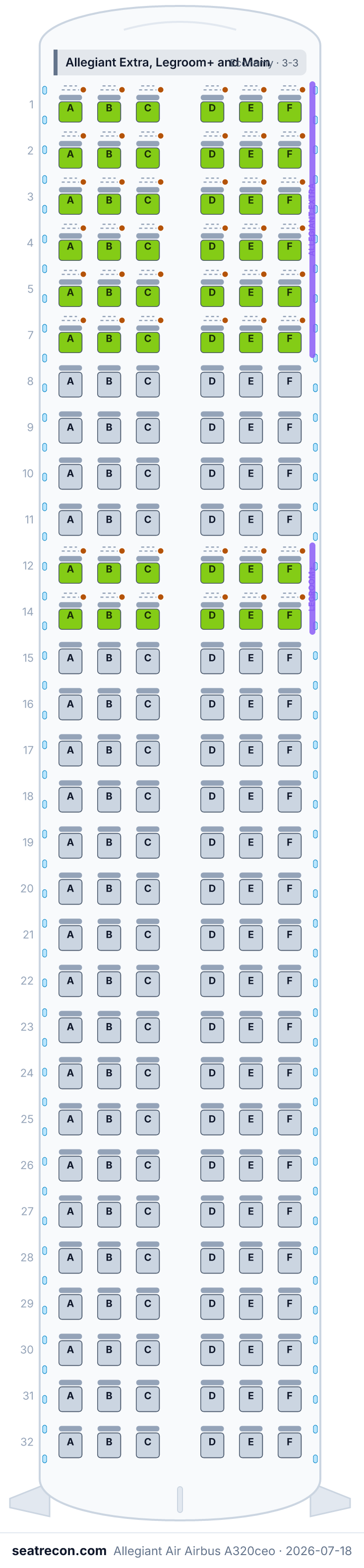 Allegiant Air Airbus A320ceo seat map diagram — Allegiant Extra, Legroom+ and Main (180 seats)