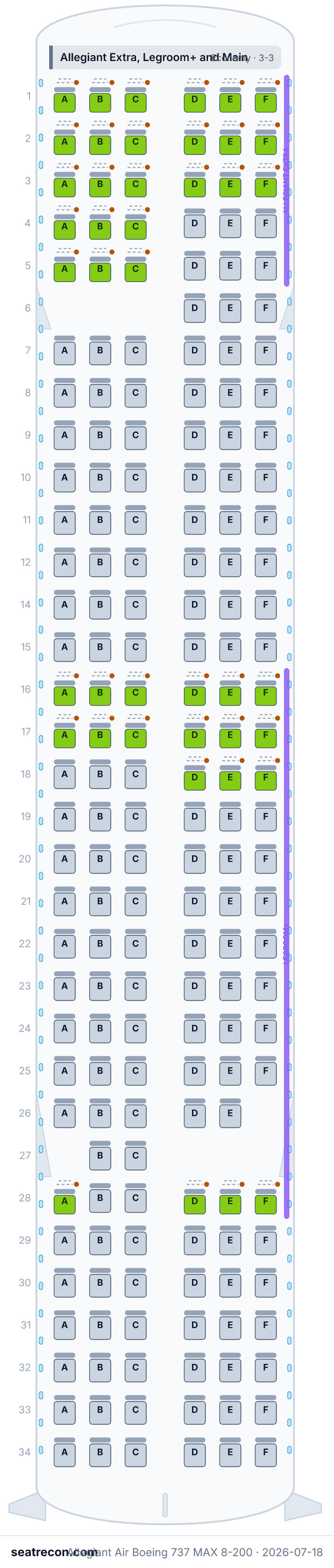 Allegiant Air Boeing 737 MAX 8-200 seat map diagram — Allegiant Extra, Legroom+ and Main (190 seats)