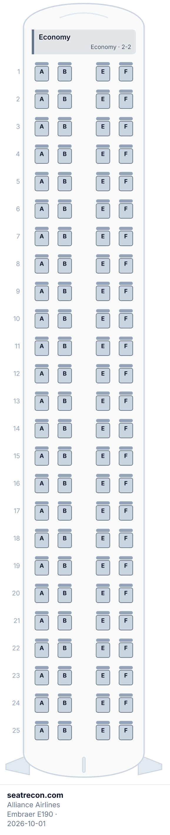 Alliance Airlines Embraer E190 seat map diagram — Economy (100 seats)