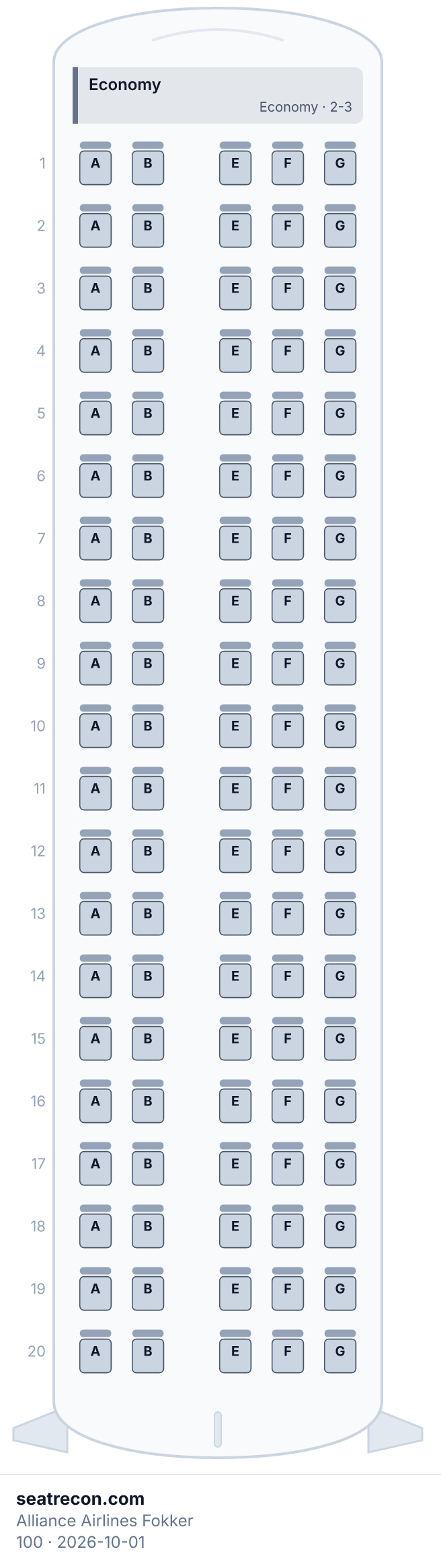 Alliance Airlines Fokker 100 seat map diagram — Economy (100 seats)